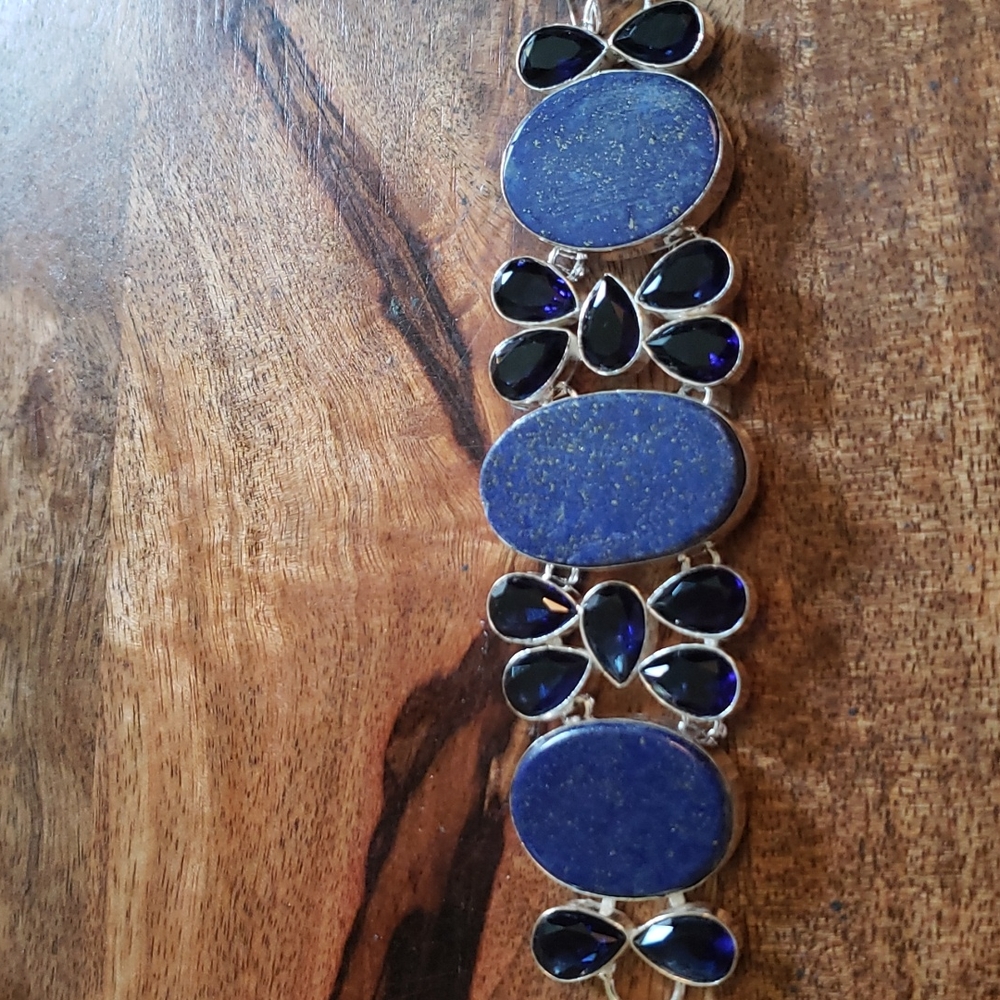 Handcrafted Silver Statement Bracelet with Lapis Lazuli and Tanzanite Quartz